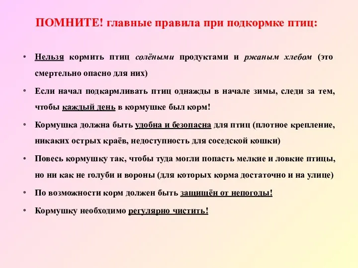 ПОМНИТЕ! главные правила при подкормке птиц: Нельзя кормить птиц солёными