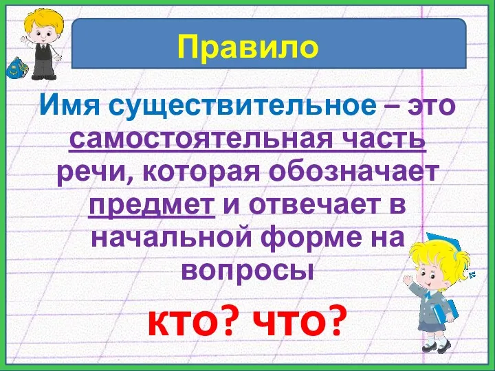 Правило Имя существительное – это самостоятельная часть речи, которая обозначает