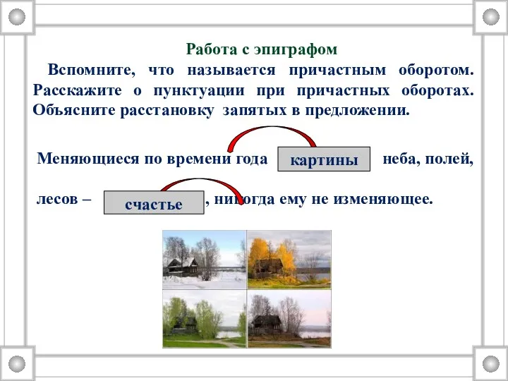 Работа с эпиграфом Вспомните, что называется причастным оборотом. Расскажите о