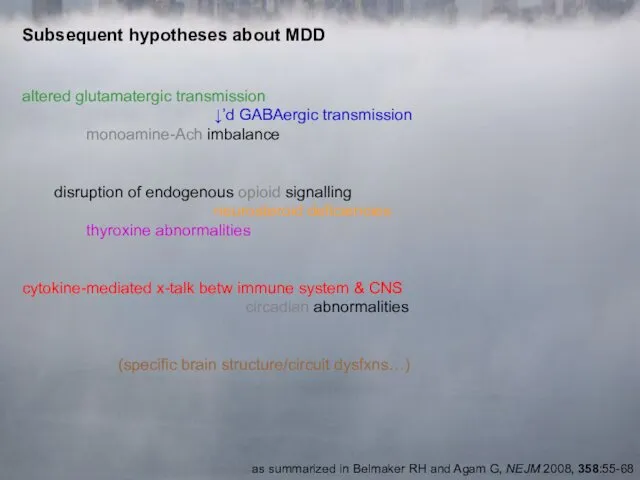 Subsequent hypotheses about MDD altered glutamatergic transmission ↓’d GABAergic transmission