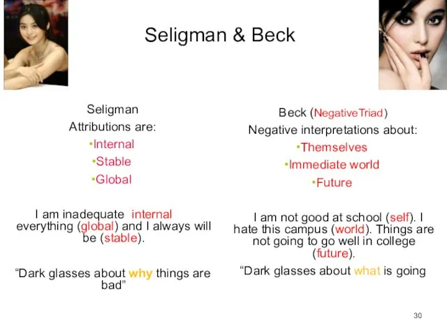Seligman & Beck Seligman Attributions are: Internal Stable Global I