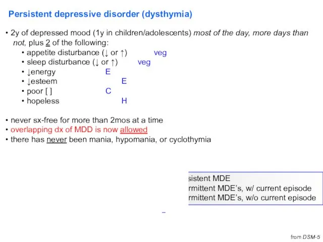 Persistent depressive disorder (dysthymia) 2y of depressed mood (1y in