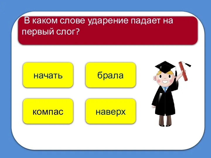 компас начать В каком слове ударение падает на первый слог? брала наверх