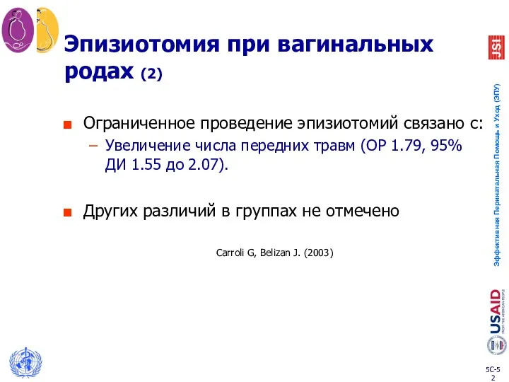 Эпизиотомия при вагинальных родах (2) Ограниченное проведение эпизиотомий связано с: