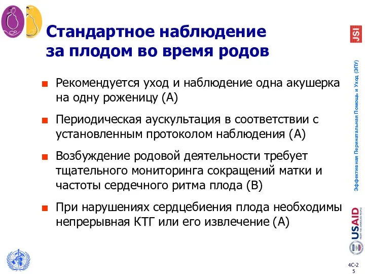 Стандартное наблюдение за плодом во время родов Рекомендуется уход и