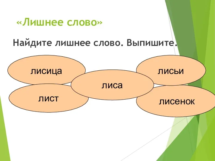 «Лишнее слово» Найдите лишнее слово. Выпишите. лисица лист лисенок лисьи лиса