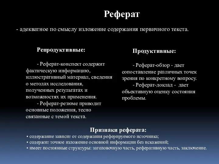 - адекватное по смыслу изложение содержания первичного текста. Реферат Репродуктивные: