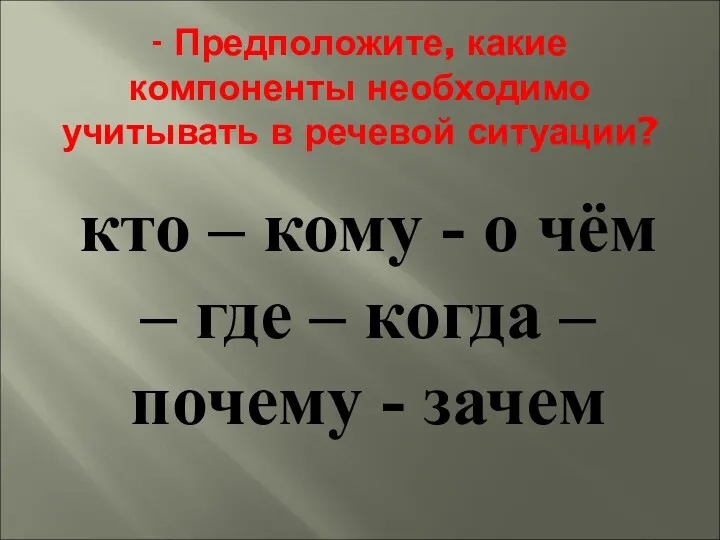 - Предположите, какие компоненты необходимо учитывать в речевой ситуации? кто