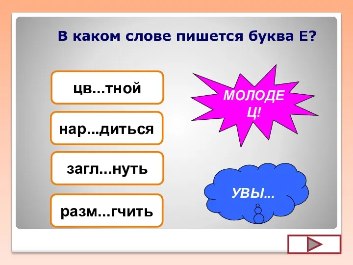 В каком слове пишется буква Е? загл...нуть нар...диться цв...тной разм...гчить УВЫ... МОЛОДЕЦ!