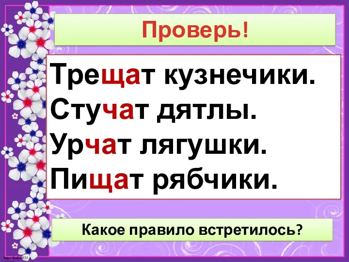 Проверь! Трещат кузнечики. Стучат дятлы. Урчат лягушки. Пищат рябчики. Какое правило встретилось?