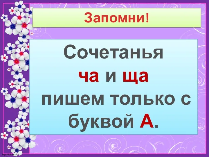 Запомни! Сочетанья ча и ща Пишем только с буквой А.