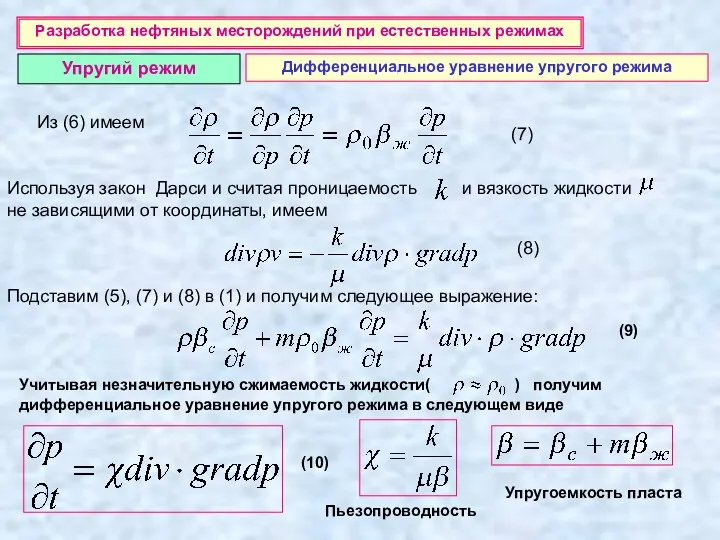 Разработка нефтяных месторождений при естественных режимах Упругий режим Дифференциальное уравнение