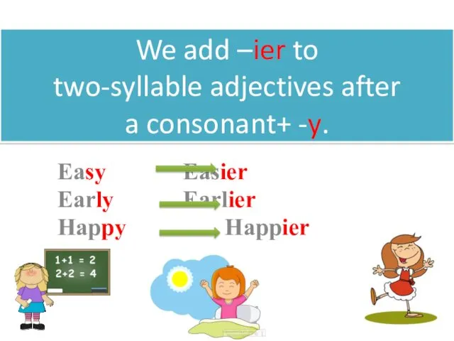 We add –ier to two-syllable adjectives after a consonant+ -y. Easy Easier Early Earlier Happy Happier