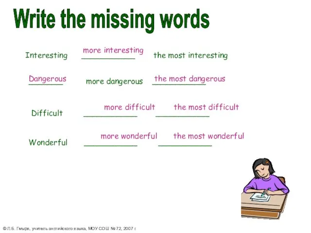 Interesting ___________ the most interesting _______ more dangerous ___________ Difficult