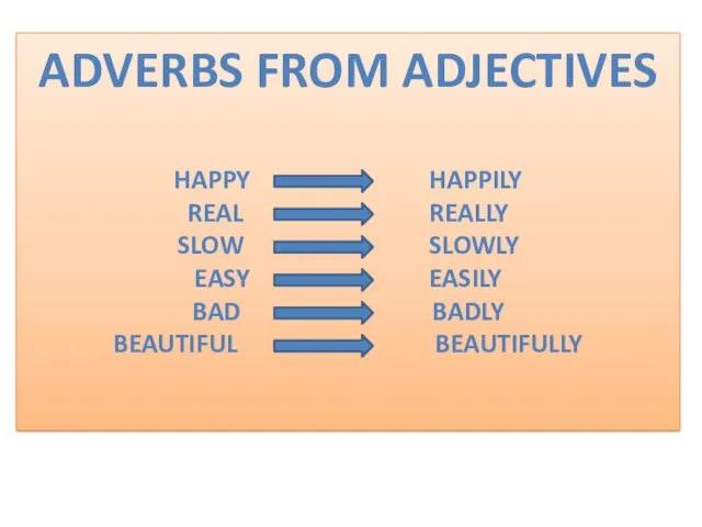 ADVERBS FROM ADJECTIVES HAPPY HAPPILY REAL REALLY SLOW SLOWLY EASY EASILY BAD BADLY BEAUTIFUL BEAUTIFULLY