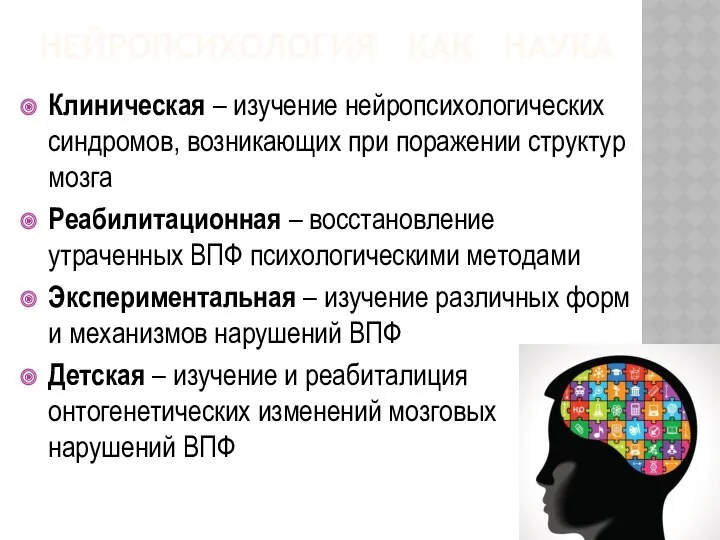 НЕЙРОПСИХОЛОГИЯ КАК НАУКА Клиническая – изучение нейропсихологических синдромов, возникающих при