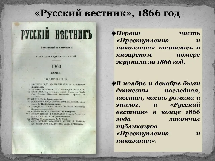 «Русский вестник», 1866 год Первая часть «Преступления и наказания» появилась в январском номере