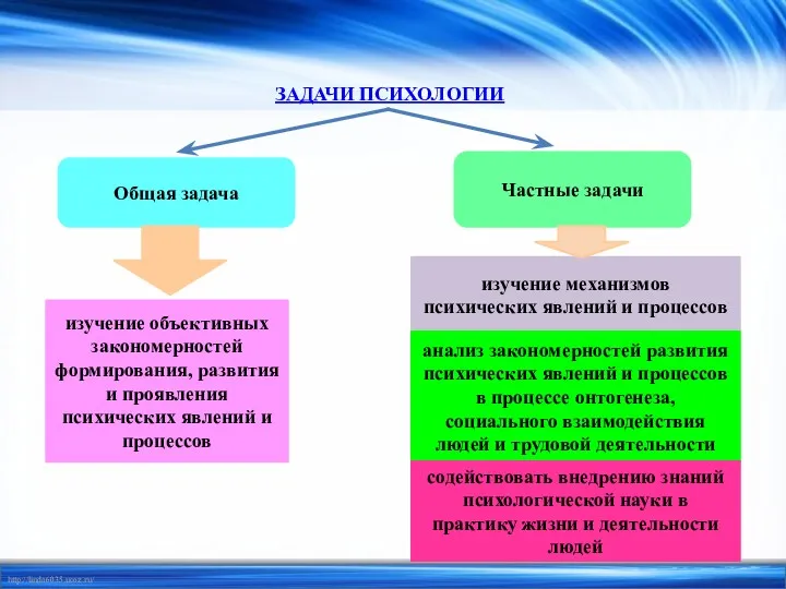 ЗАДАЧИ ПСИХОЛОГИИ Общая задача Частные задачи изучение объективных закономерностей формирования,