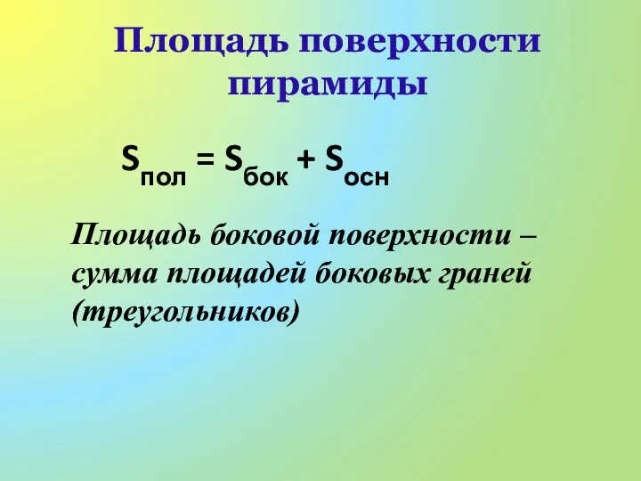 Площадь поверхности пирамиды Sпол = Sбок + Sосн Площадь боковой поверхности – сумма