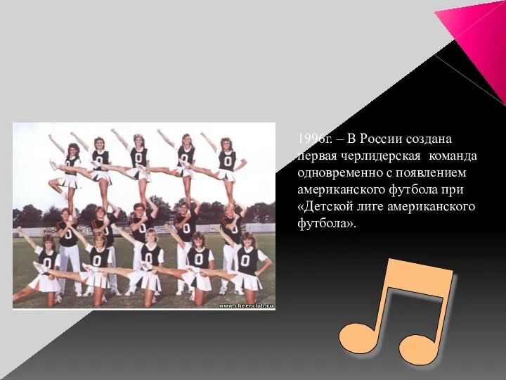 1996г. – В России создана первая черлидерская команда одновременно с