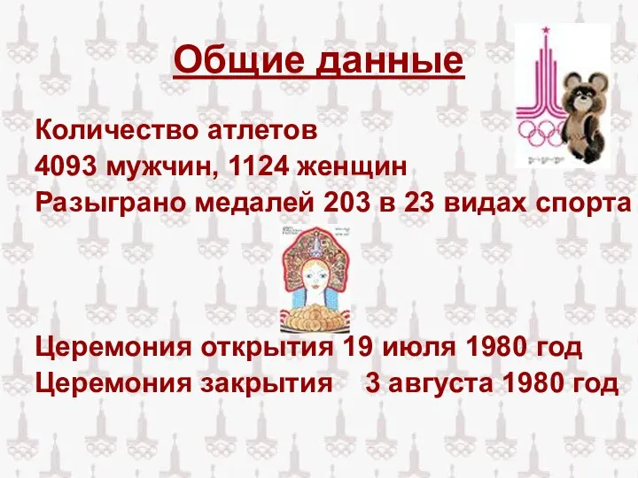 Общие данные Количество атлетов 4093 мужчин, 1124 женщин Разыграно медалей