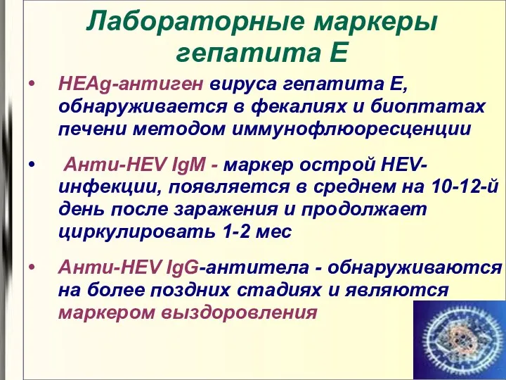 Лабораторные маркеры гепатита E HEAg-антиген вируса гепатита Е, обнаруживается в