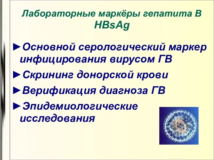 Лабораторные маркёры гепатита В HBsAg ►Основной серологический маркер инфицирования вирусом