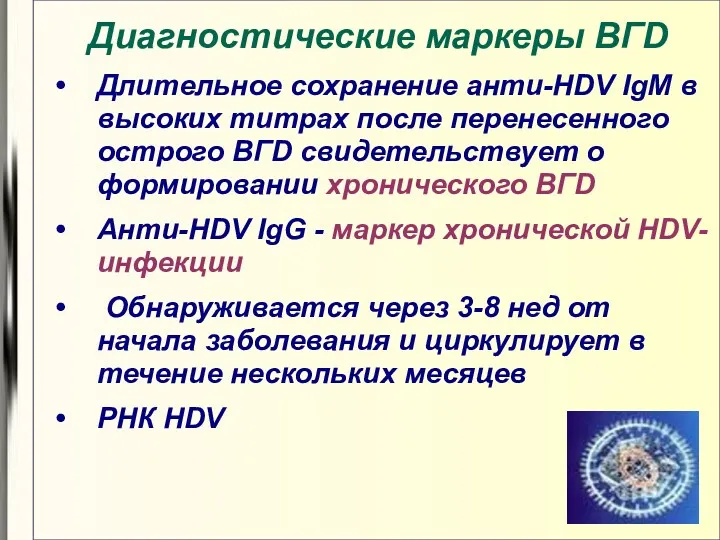 Диагностические маркеры BГD Длительное сохранение анти-HDV IgM в высоких титрах