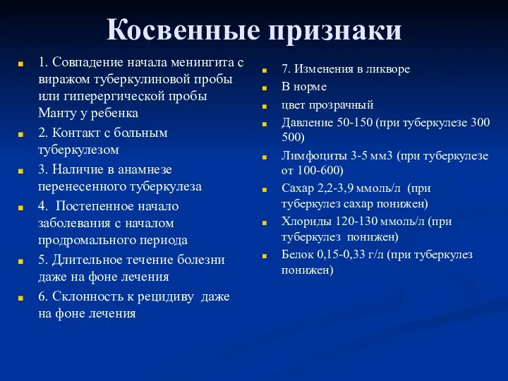 Косвенные признаки 1. Совпадение начала менингита с виражом туберкулиновой пробы