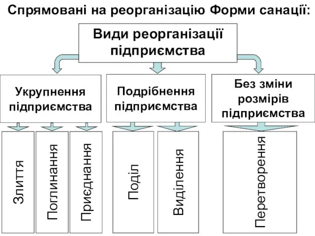 Види реорганізації підприємства Укрупнення підприємства Злиття Поглинання Приєднання Поділ Виділення