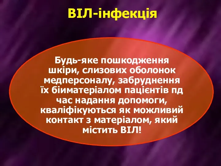 ВІЛ-інфекція Будь-яке пошкодження шкіри, слизових оболонок медперсоналу, забруднення їх біиматеріалом