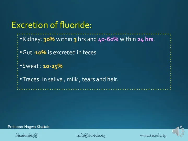 Excretion of fluoride: Kidney: 30% within 3 hrs and 40-60% within 24 hrs.