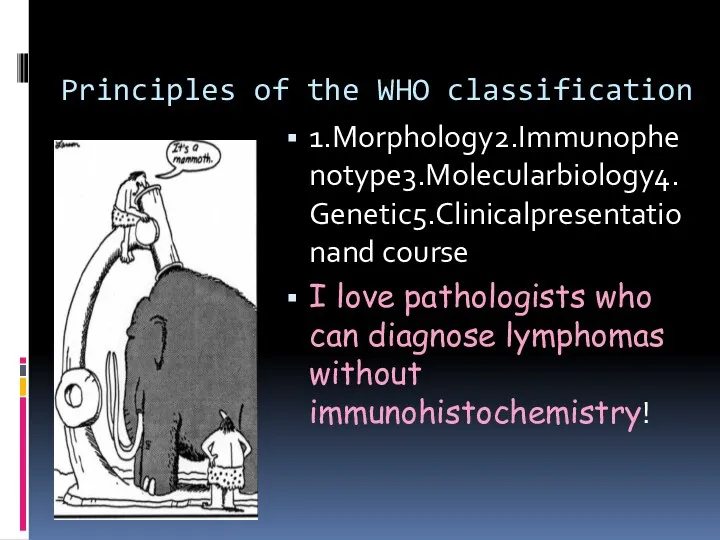 Principles of the WHO classification 1.Morphology2.Immunophenotype3.Molecularbiology4.Genetic5.Clinicalpresentationand course I love pathologists who can diagnose lymphomas without immunohistochemistry!