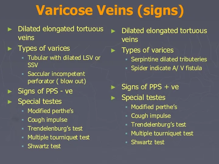 Varicose Veins (signs) Dilated elongated tortuous veins Types of varices