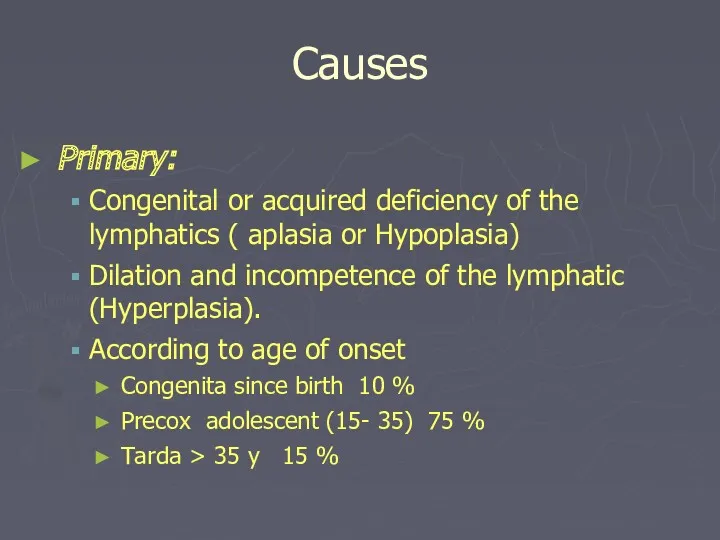 Causes Primary: Congenital or acquired deficiency of the lymphatics (