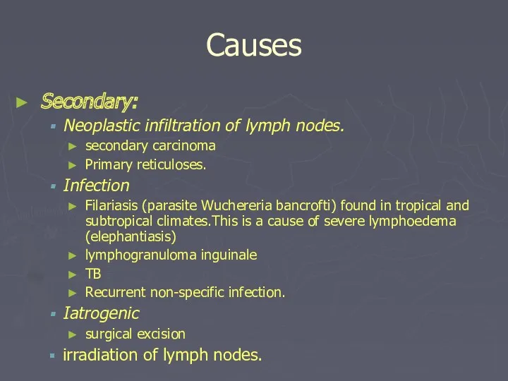 Causes Secondary: Neoplastic infiltration of lymph nodes. secondary carcinoma Primary