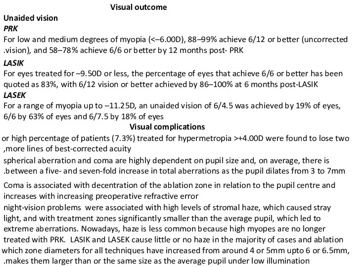 Visual outcome Unaided vision PRK For low and medium degrees