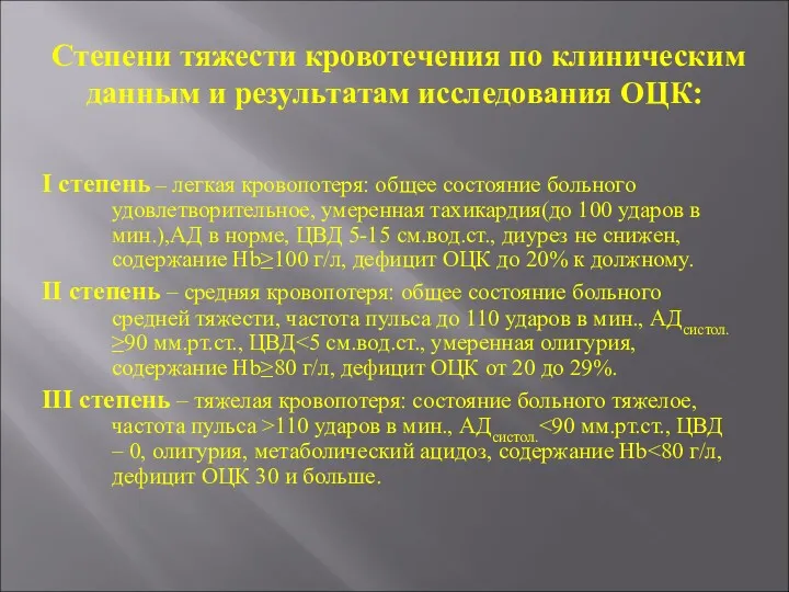 Степени тяжести кровотечения по клиническим данным и результатам исследования ОЦК: