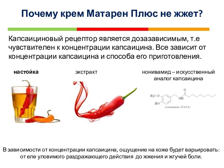 Почему крем Матарен Плюс не жжет? настойка экстракт нонивамид – искусственный аналог капсаицина