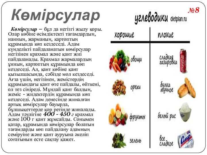 Көмірсулар Көмірсулар – бұл да негізгі жылу қоры. Олар көбіне