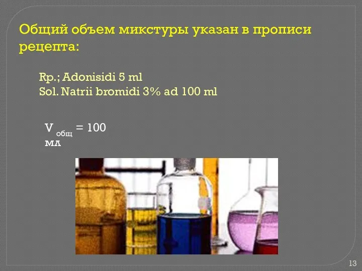 Rp.; Adonisidi 5 ml Sol. Natrii bromidi 3% ad 100 ml Общий объем