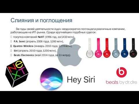 Слияния и поглощения За годы своей деятельности Apple неоднократно поглощала