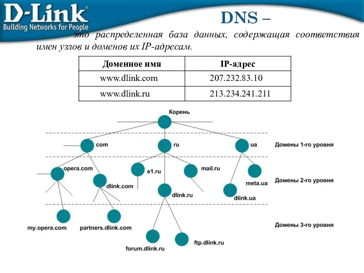 DNS – это распределенная база данных, содержащая соответствия имен узлов и доменов их IP-адресам.