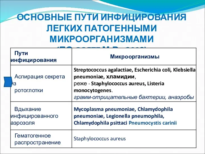 ОСНОВНЫЕ ПУТИ ИНФИЦИРОВАНИЯ ЛЕГКИХ ПАТОГЕННЫМИ МИКРООРГАНИЗМАМИ (ПО GOETZ М.В., 2008)