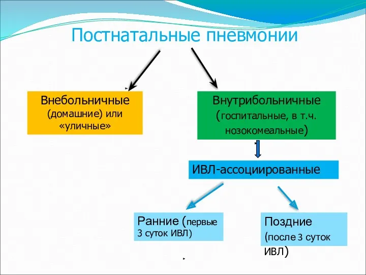 Постнатальные пневмонии Внебольничные (домашние) или «уличные» Внутрибольничные (госпитальные, в т.ч.