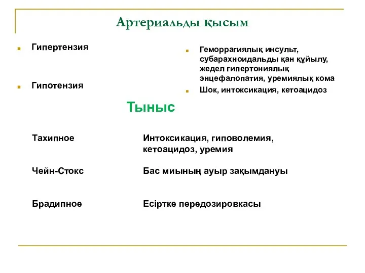 Артериальды қысым Гипертензия Гипотензия Геморрагиялық инсульт, субарахноидальды қан құйылу, жедел