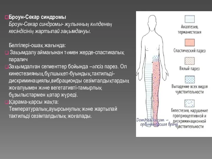 Броун-Секар синдромы Броун-Секар синдромы- жұлынның көлденең кесіндісінің жартылай зақымдануы. Белгілері-ошақ