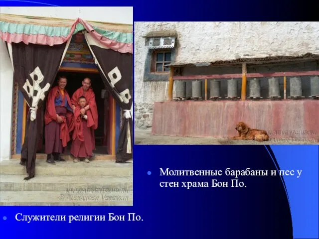 Служители религии Бон По. Молитвенные барабаны и пес у стен храма Бон По.