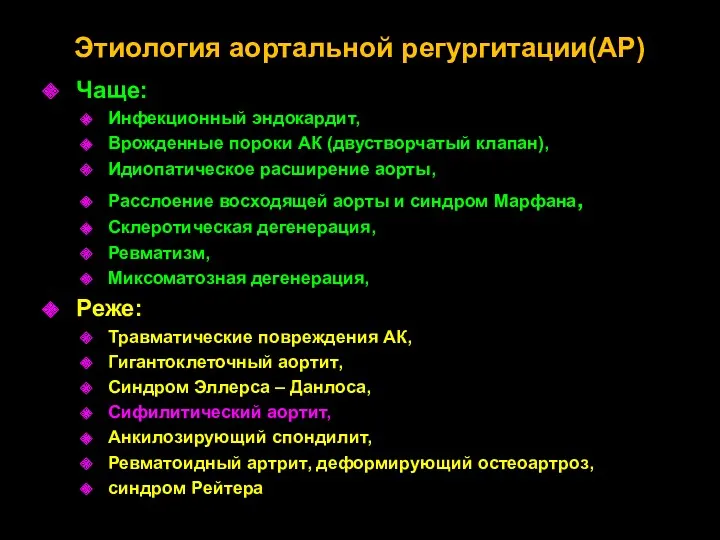 Этиология аортальной регургитации(АР) Чаще: Инфекционный эндокардит, Врожденные пороки АК (двустворчатый