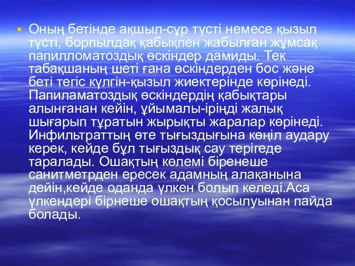 Оның бетінде ақшыл-сұр түсті немесе қызыл түсті, борпылдақ қабықпен жабылған